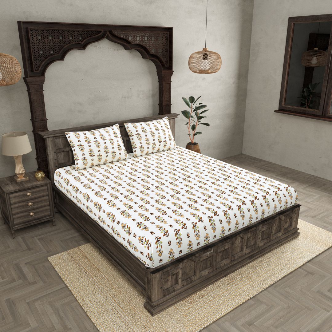 Peach & Brown Mini Floral Cotton Fitted Bedsheet