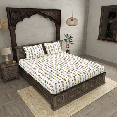 Peach & Brown Mini Floral Cotton Fitted Bedsheet