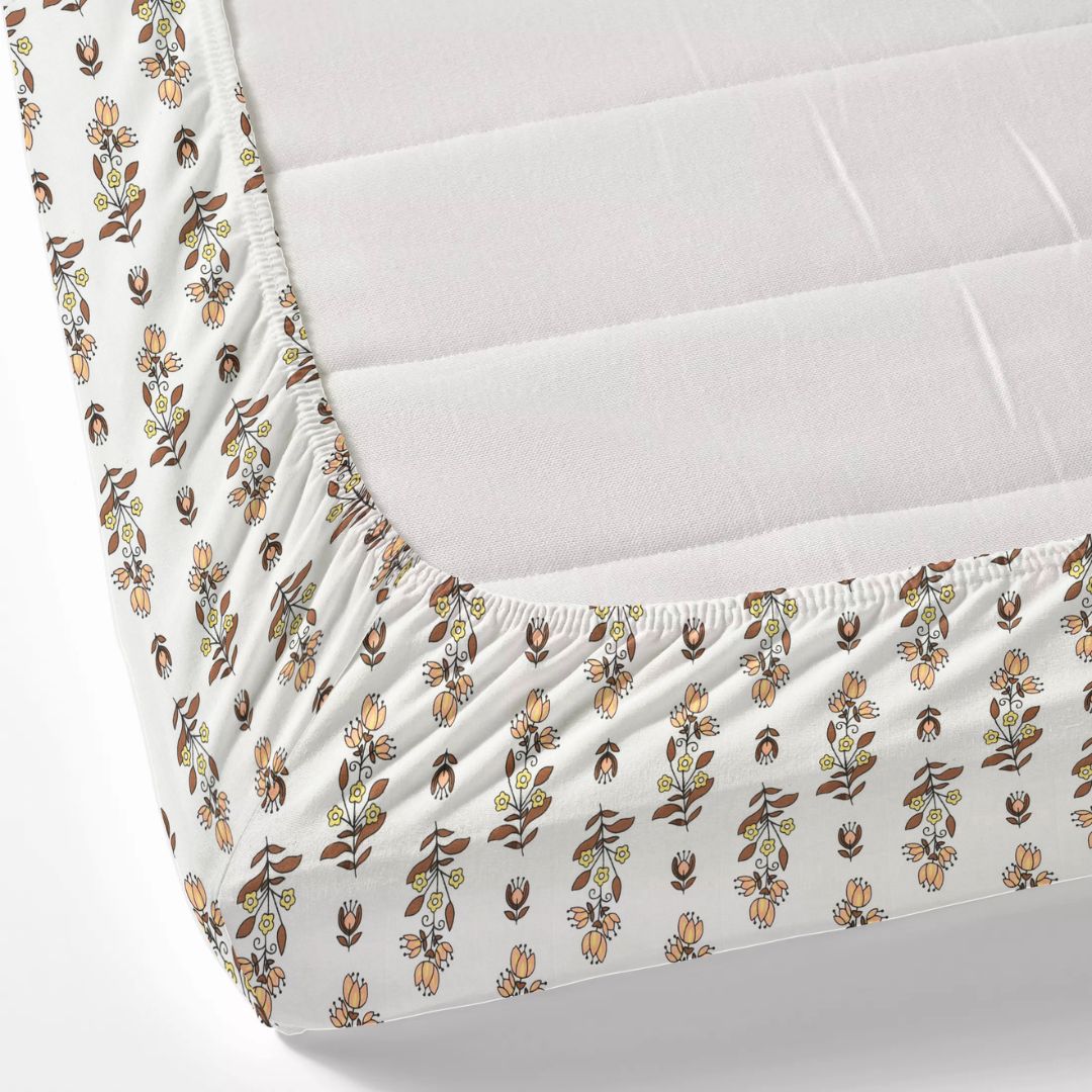 Peach & Brown Mini Floral Cotton Fitted Bedsheet