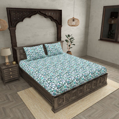 Mint Green & Lavender Floral Cotton Fitted Bedsheet