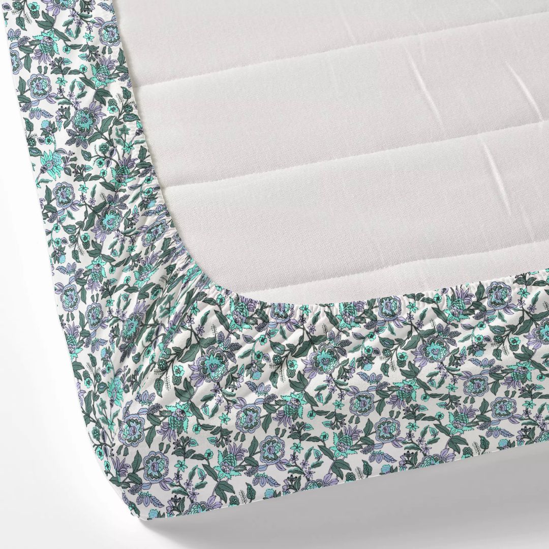 Mint Green & Lavender Floral Cotton Fitted Bedsheet