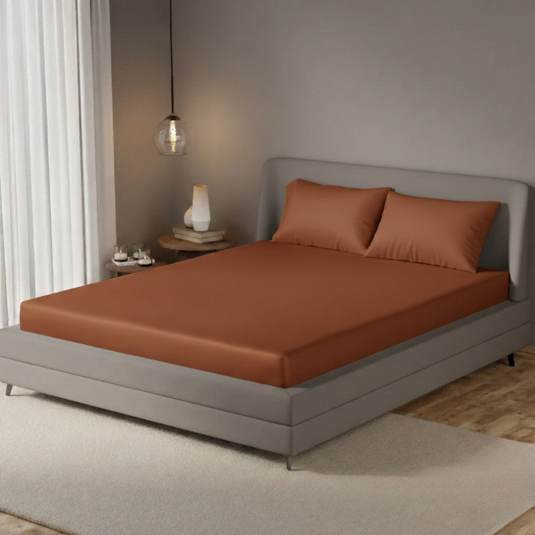 Terra Copper Fitted Silk Double Bedsheet