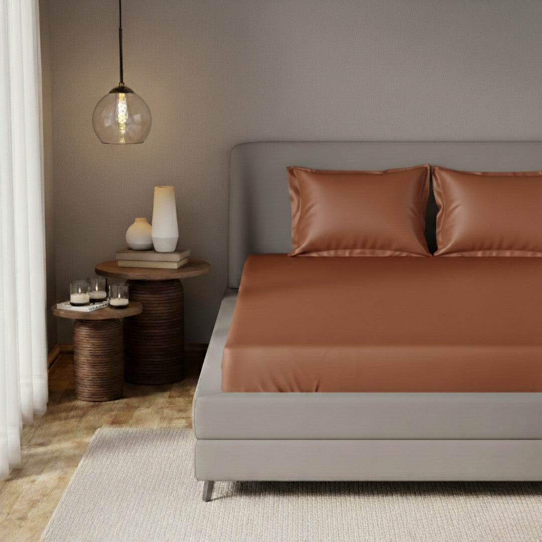 Terra Copper Fitted Silk Double Bedsheet