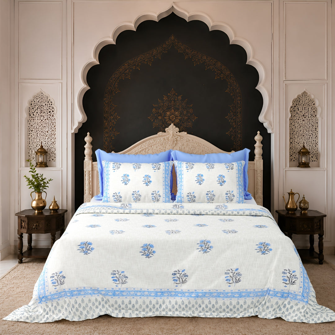Blue Floral Block Print Double Bed Cover Set in TNT Fabric (Textured Natural Touch)