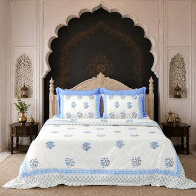 Blue Floral Block Print Double Bed Cover Set in TNT Fabric (Textured Natural Touch)