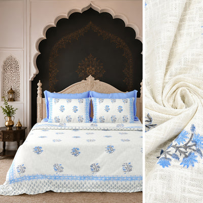 Blue Floral Block Print Double Bed Cover Set in TNT Fabric (Textured Natural Touch)