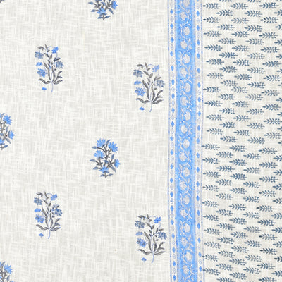Blue Floral Block Print Double Bed Cover Set in TNT Fabric (Textured Natural Touch)