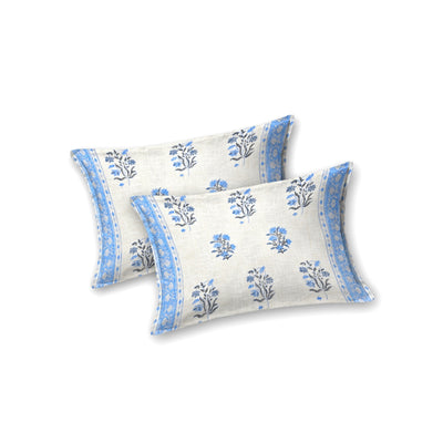 Blue Floral Block Print Double Bed Cover Set in TNT Fabric (Textured Natural Touch)