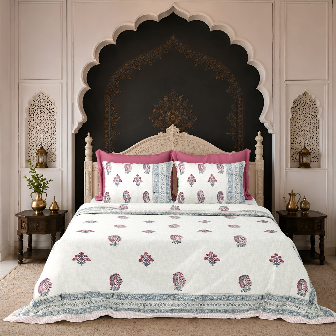 Pink & Blue Paisley Block Print Double Bed Cover Set in TNT Fabric (Textured Natural Touch)