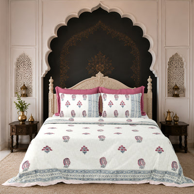 Pink & Blue Paisley Block Print Double Bed Cover Set in TNT Fabric (Textured Natural Touch)