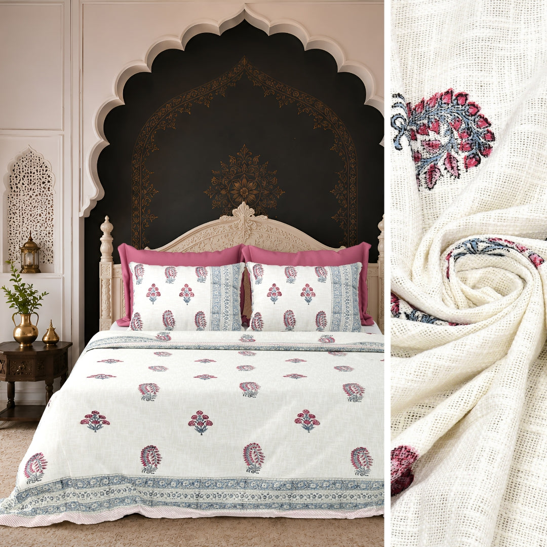 Pink & Blue Paisley Block Print Double Bed Cover Set in TNT Fabric (Textured Natural Touch)