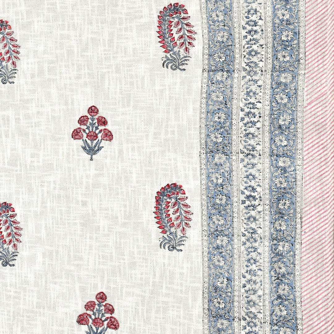 Pink & Blue Paisley Block Print Double Bed Cover Set in TNT Fabric (Textured Natural Touch)