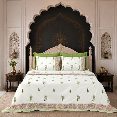 Green & Pink Botanical Block Print Double Bed Cover Set in TNT Fabric (Textured Natural Touch)