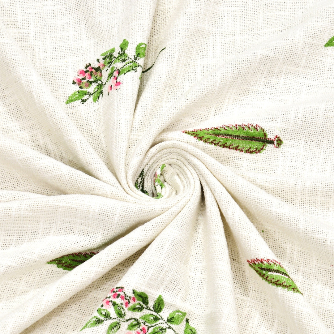 Green & Pink Botanical Block Print Double Bed Cover Set in TNT Fabric (Textured Natural Touch)