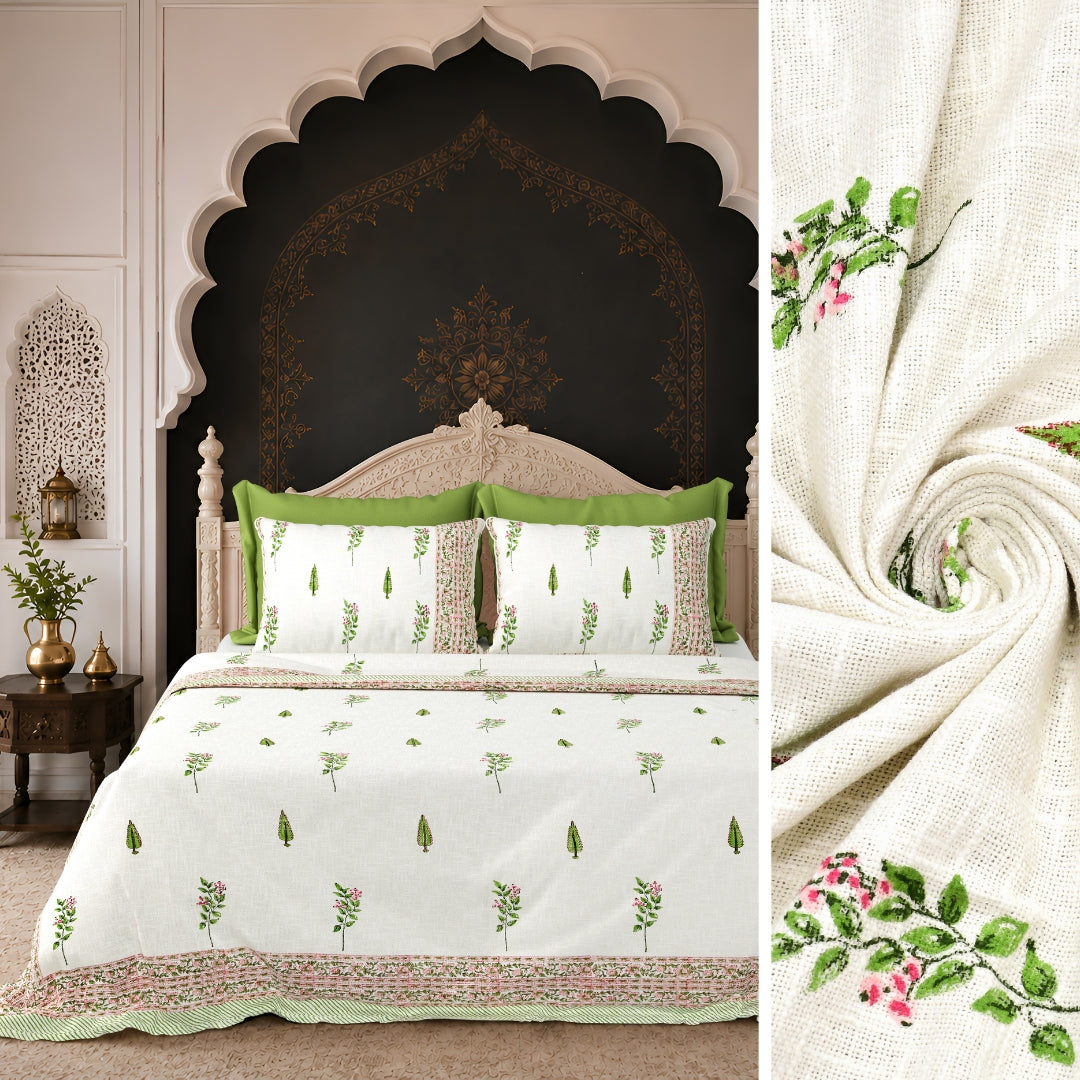 Green & Pink Botanical Block Print Double Bed Cover Set in TNT Fabric (Textured Natural Touch)