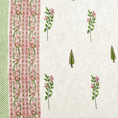 Green & Pink Botanical Block Print Double Bed Cover Set in TNT Fabric (Textured Natural Touch)