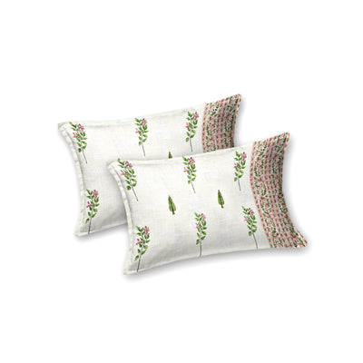 Green & Pink Botanical Block Print Double Bed Cover Set in TNT Fabric (Textured Natural Touch)