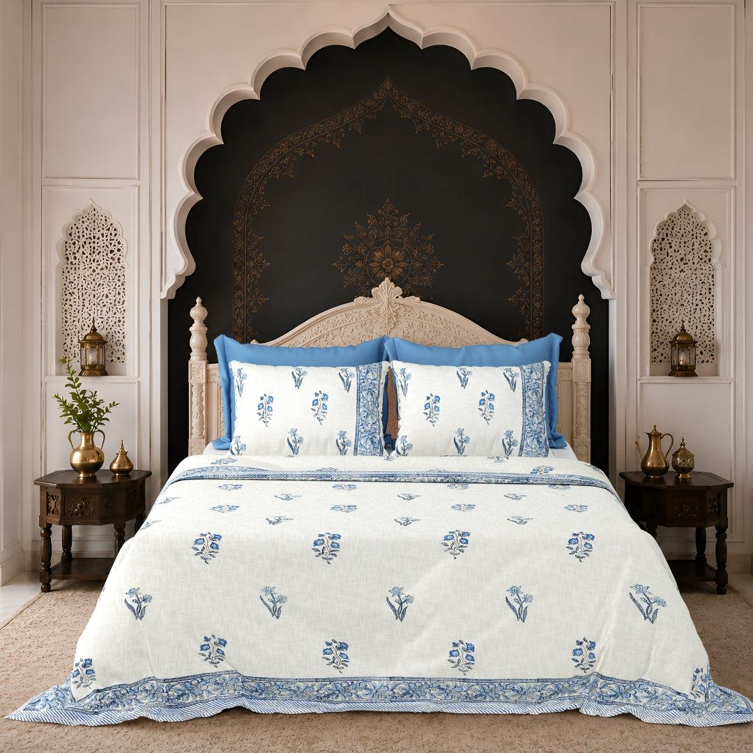 Blue Floral Motif Block Print Double Bed Cover Set in TNT Fabric (Textured Natural Touch)