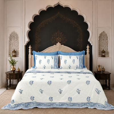 Blue Floral Motif Block Print Double Bed Cover Set in TNT Fabric (Textured Natural Touch)