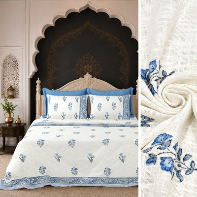 Blue Floral Motif Block Print Double Bed Cover Set in TNT Fabric (Textured Natural Touch)