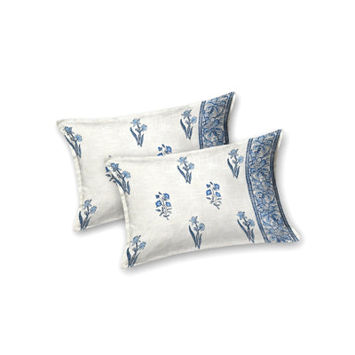 Blue Floral Motif Block Print Double Bed Cover Set in TNT Fabric (Textured Natural Touch)