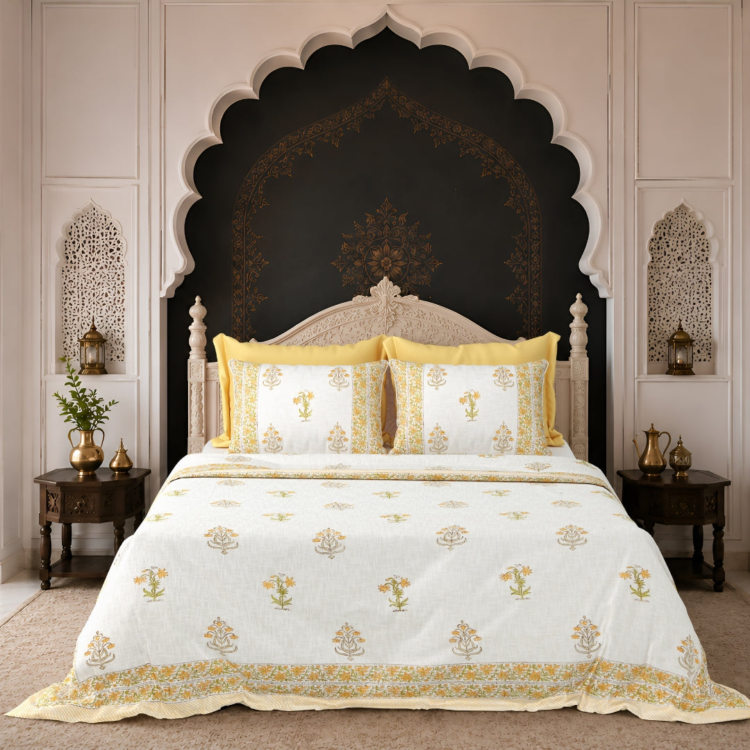 Yellow Floral Block Print Double Bed Cover Set in TNT Fabric (Textured Natural Touch)