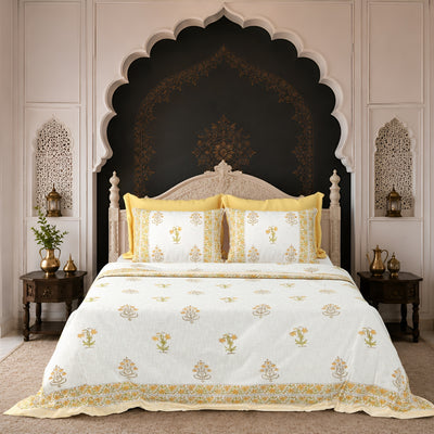 Yellow Floral Block Print Double Bed Cover Set in TNT Fabric (Textured Natural Touch)
