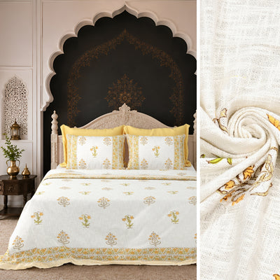 Yellow Floral Block Print Double Bed Cover Set in TNT Fabric (Textured Natural Touch)