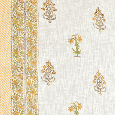 Yellow Floral Block Print Double Bed Cover Set in TNT Fabric (Textured Natural Touch)