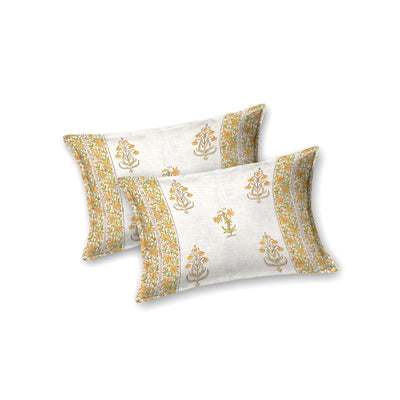 Yellow Floral Block Print Double Bed Cover Set in TNT Fabric (Textured Natural Touch)