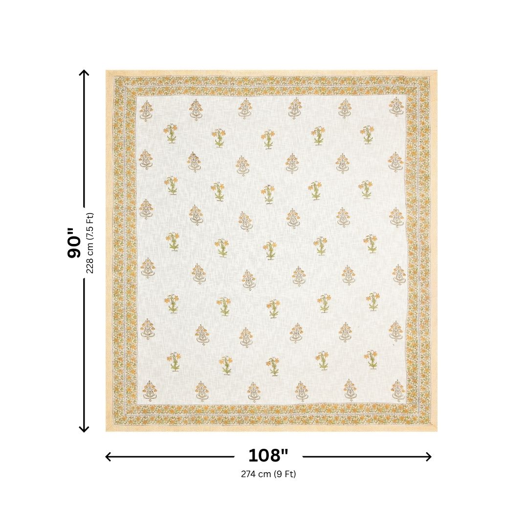 Yellow Floral Block Print Double Bed Cover Set in TNT Fabric (Textured Natural Touch)
