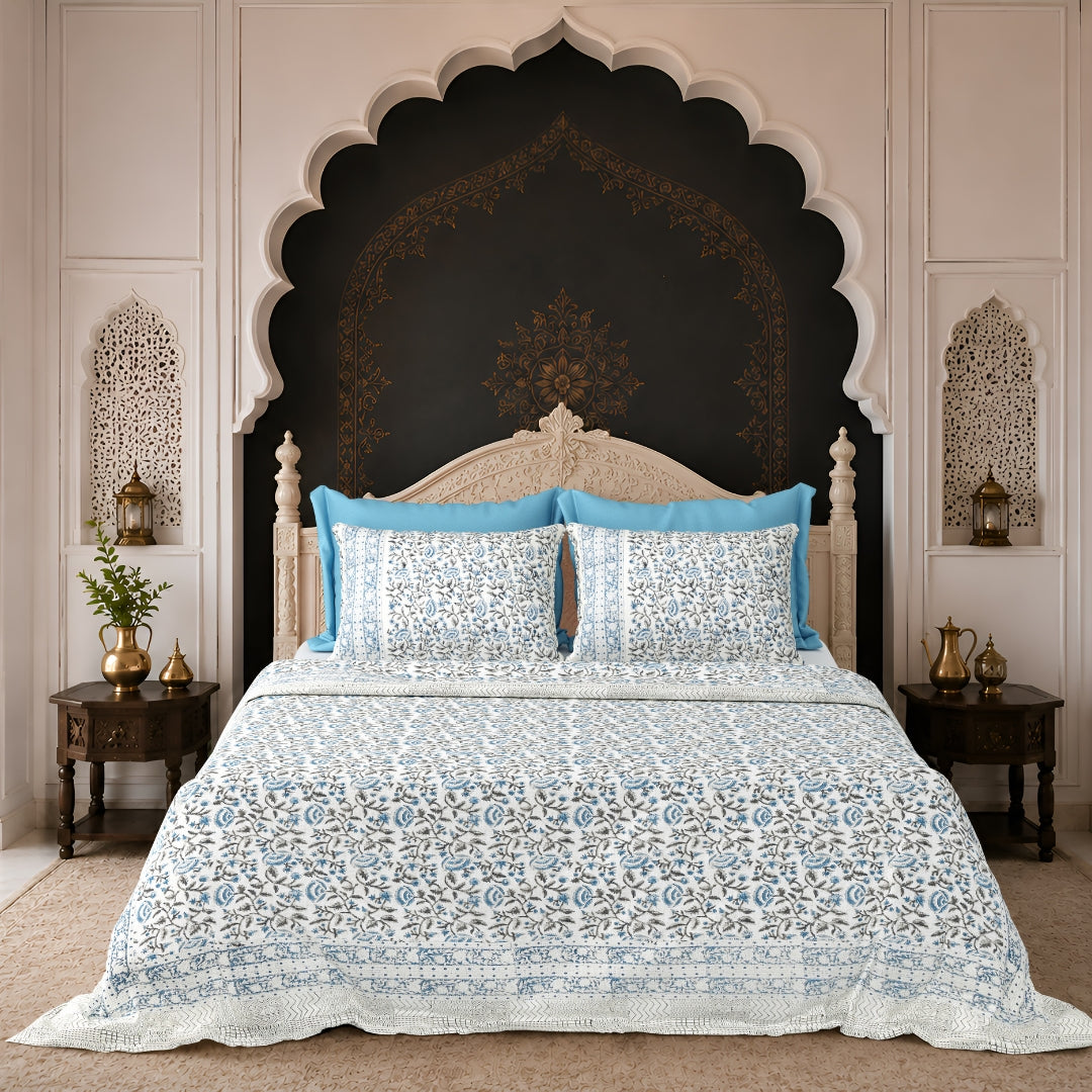 Blue & Charcoal Floral Vine Block Print Double Bed Cover Set in TNT Fabric (Textured Natural Touch)