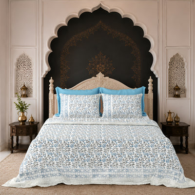Blue & Charcoal Floral Vine Block Print Double Bed Cover Set in TNT Fabric (Textured Natural Touch)
