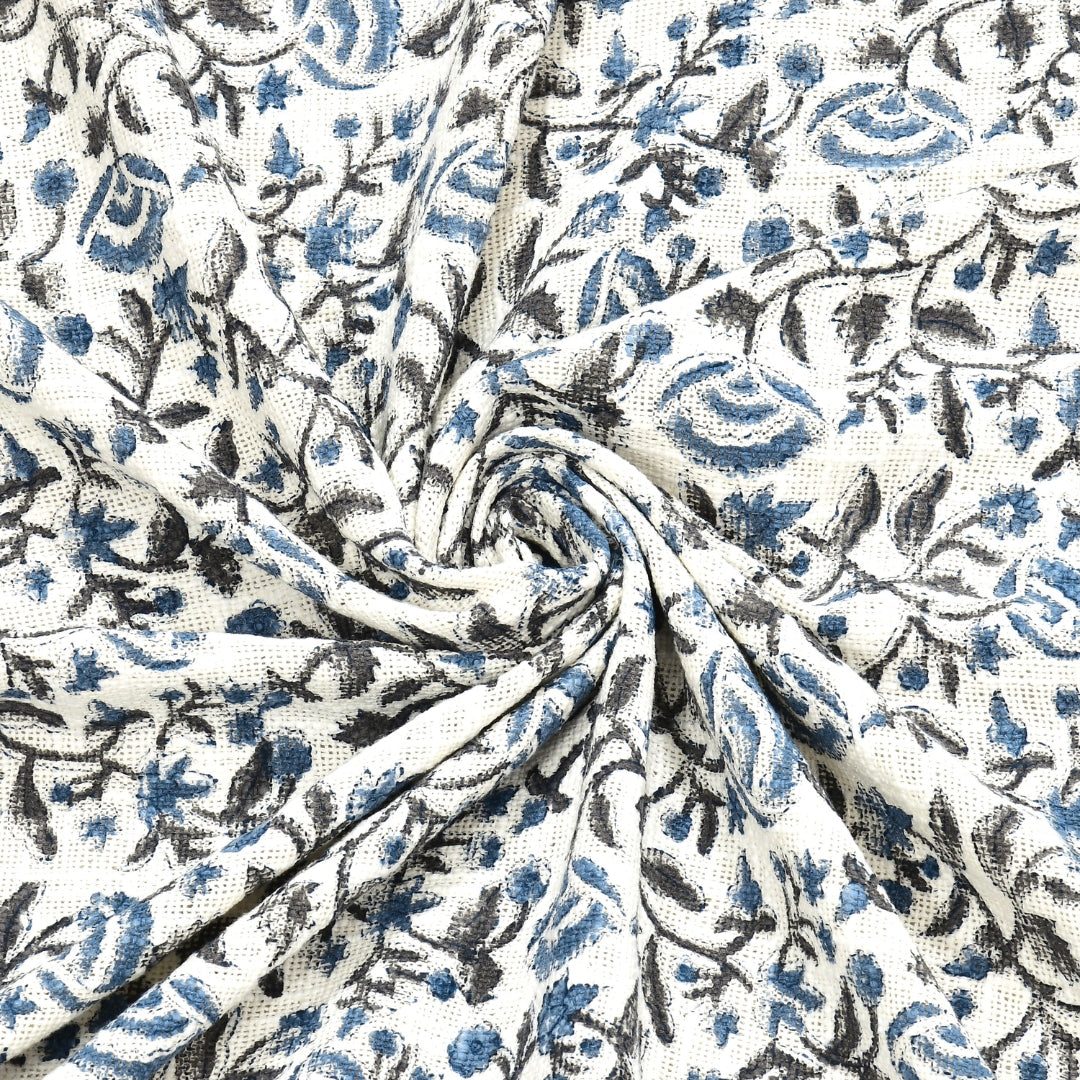 Blue & Charcoal Floral Vine Block Print Double Bed Cover Set in TNT Fabric (Textured Natural Touch)