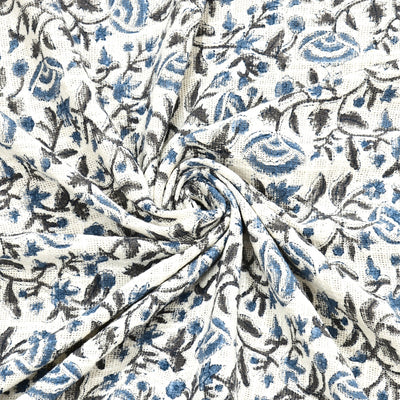 Blue & Charcoal Floral Vine Block Print Double Bed Cover Set in TNT Fabric (Textured Natural Touch)
