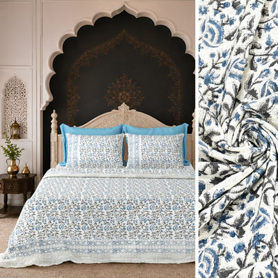 Blue & Charcoal Floral Vine Block Print Double Bed Cover Set in TNT Fabric (Textured Natural Touch)