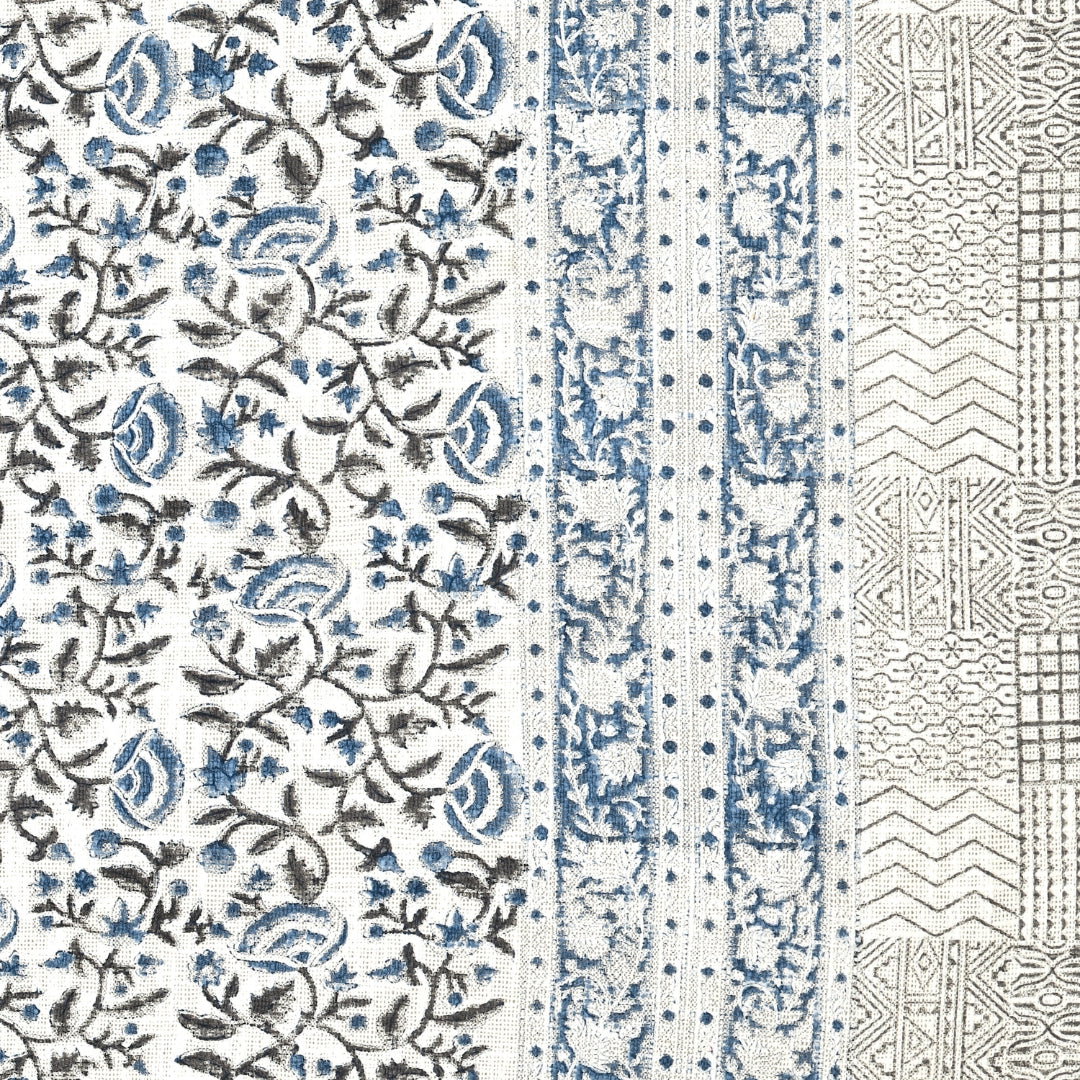 Blue & Charcoal Floral Vine Block Print Double Bed Cover Set in TNT Fabric (Textured Natural Touch)