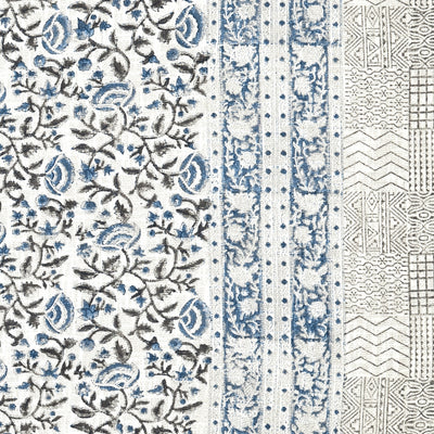 Blue & Charcoal Floral Vine Block Print Double Bed Cover Set in TNT Fabric (Textured Natural Touch)