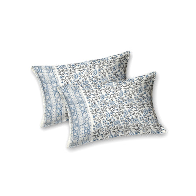 Blue & Charcoal Floral Vine Block Print Double Bed Cover Set in TNT Fabric (Textured Natural Touch)