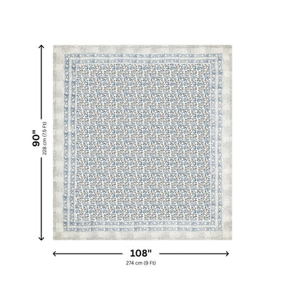 Blue & Charcoal Floral Vine Block Print Double Bed Cover Set in TNT Fabric (Textured Natural Touch)