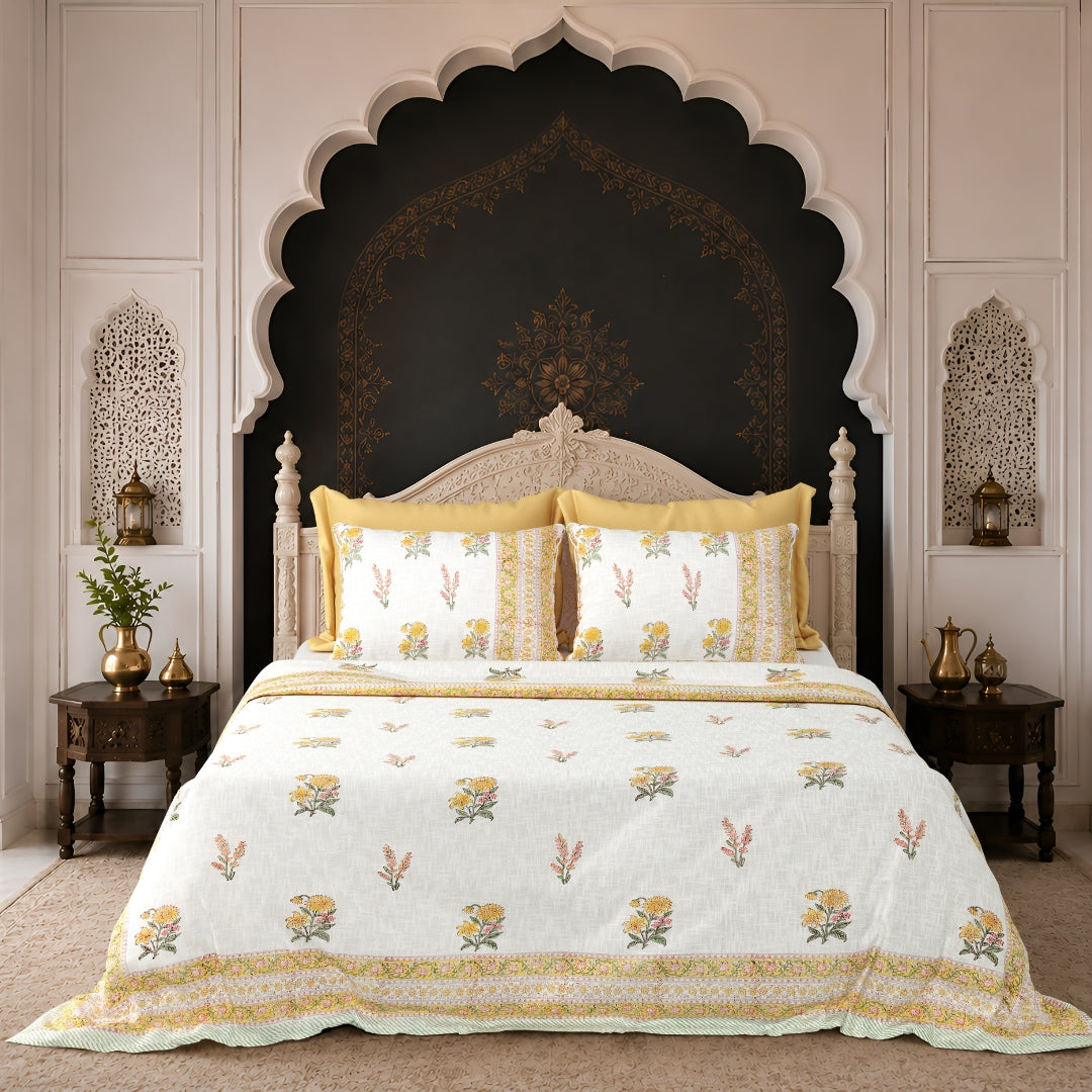 Yellow & Pink Floral Block Print Double Bed Cover Set in TNT Fabric (Textured Natural Touch)