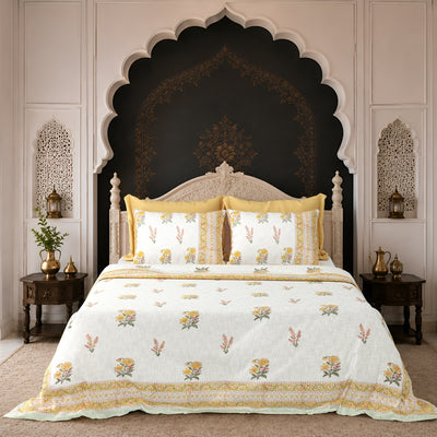 Yellow & Pink Floral Block Print Double Bed Cover Set in TNT Fabric (Textured Natural Touch)