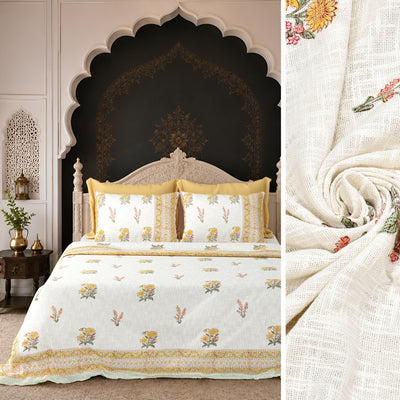 Yellow & Pink Floral Block Print Double Bed Cover Set in TNT Fabric (Textured Natural Touch)