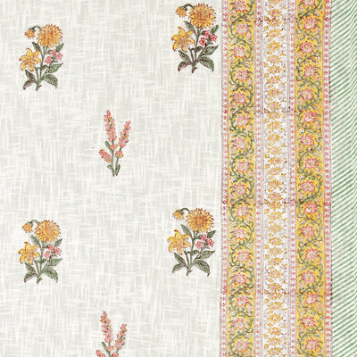 Yellow & Pink Floral Block Print Double Bed Cover Set in TNT Fabric (Textured Natural Touch)