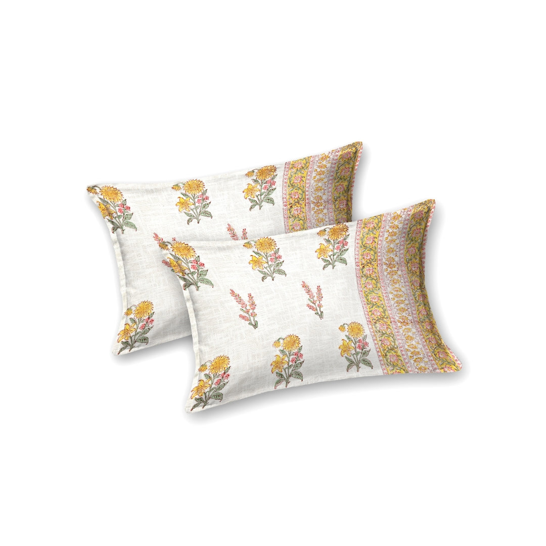 Yellow & Pink Floral Block Print Double Bed Cover Set in TNT Fabric (Textured Natural Touch)