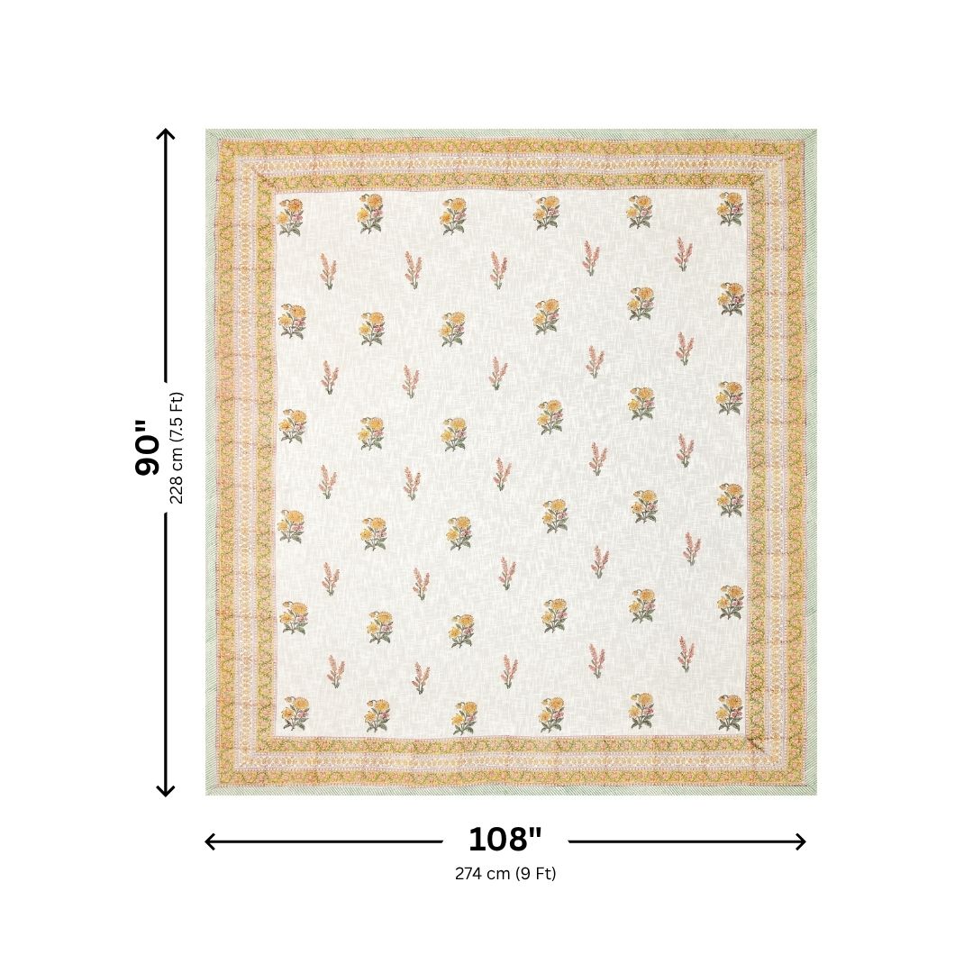 Yellow & Pink Floral Block Print Double Bed Cover Set in TNT Fabric (Textured Natural Touch)