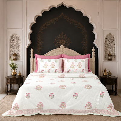 Pink Floral Hand-Block Print Double Bed Cover Set in TNT Fabric (Textured Natural Touch)