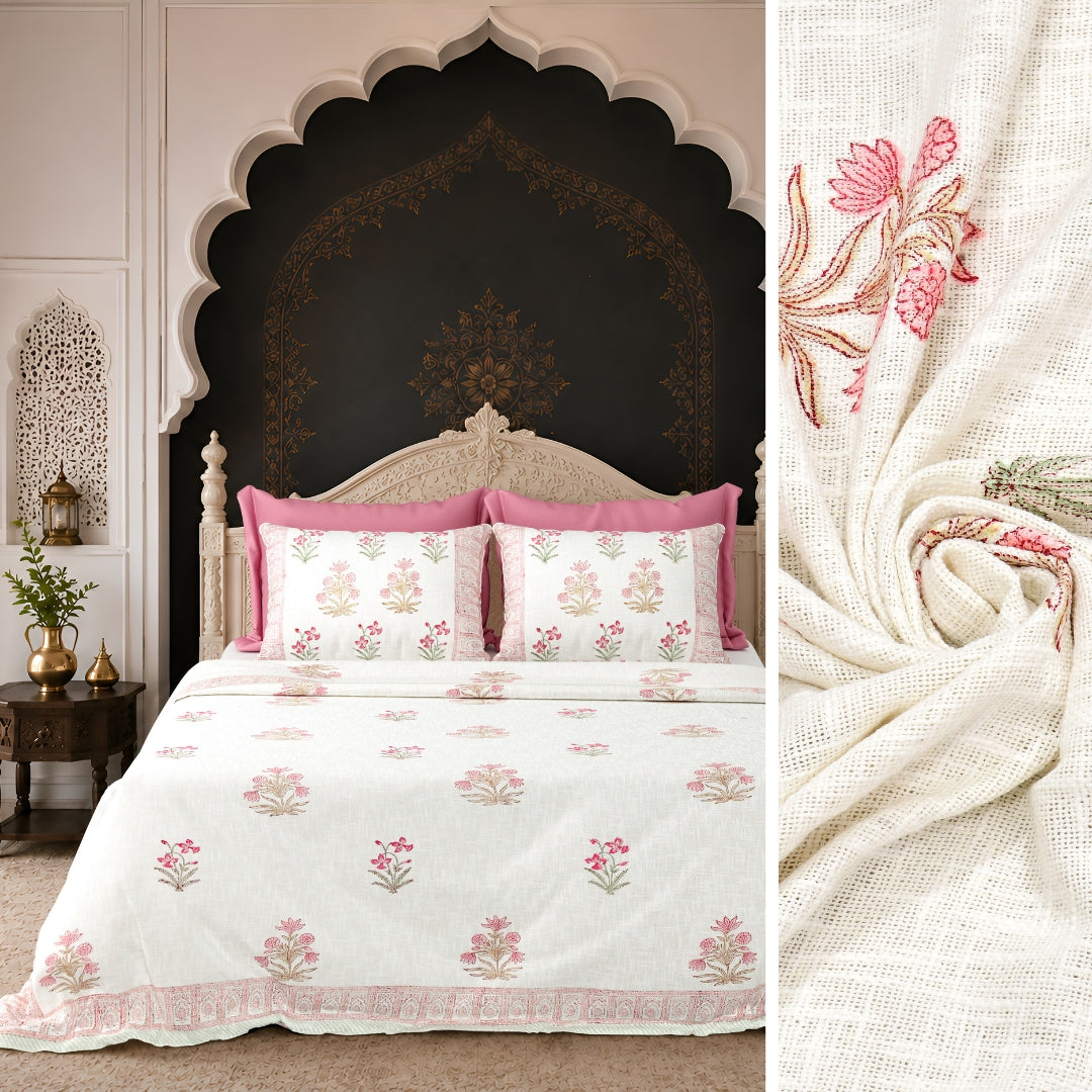 Pink Floral Hand-Block Print Double Bed Cover Set in TNT Fabric (Textured Natural Touch)