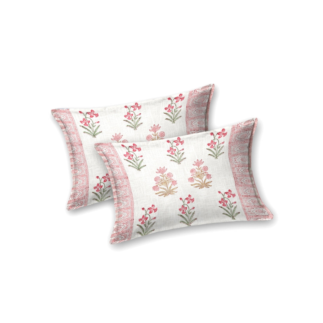 Pink Floral Hand-Block Print Double Bed Cover Set in TNT Fabric (Textured Natural Touch)
