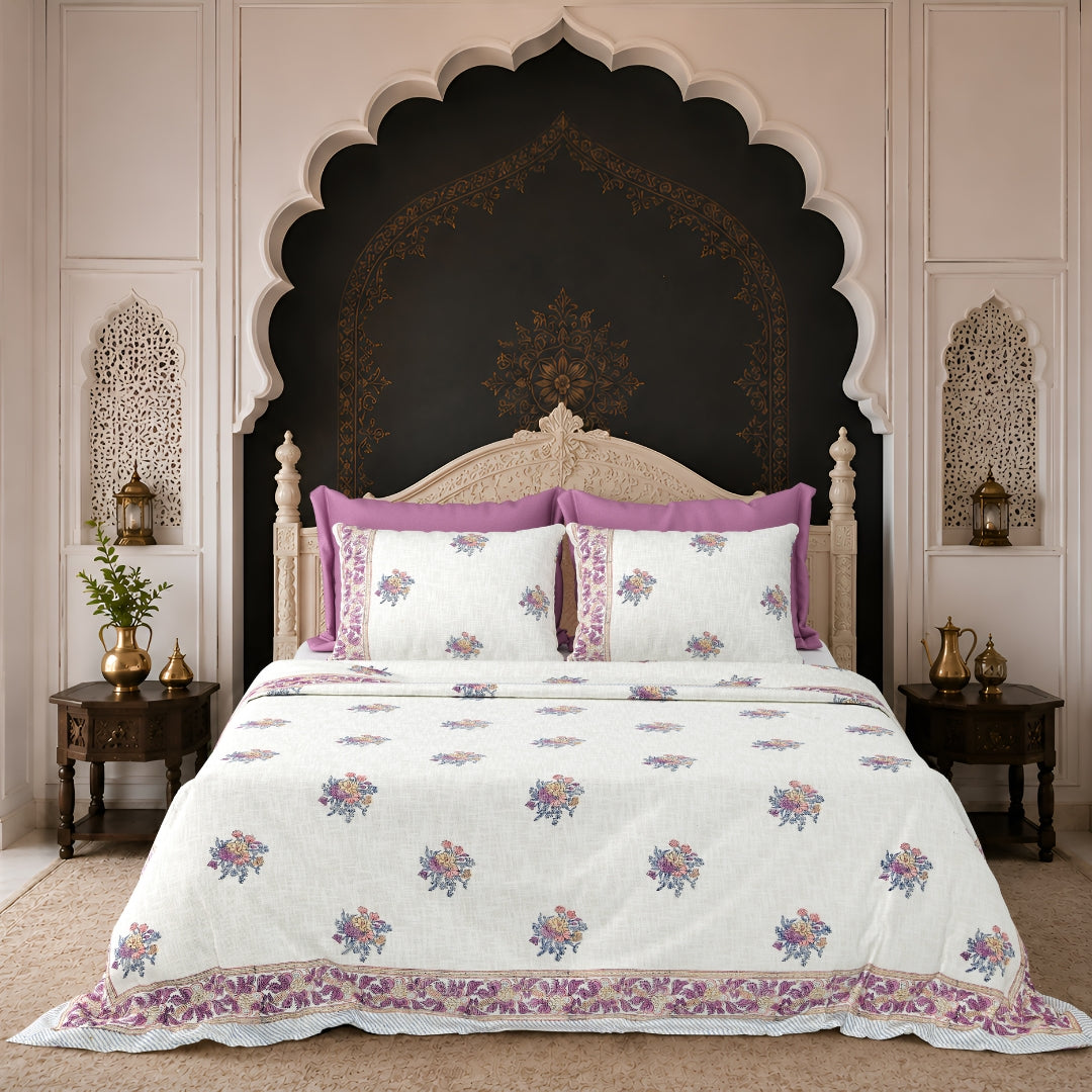 Purple & Multi-Color Floral Block Print Double Bed Cover Set in TNT Fabric (Textured Natural Touch)